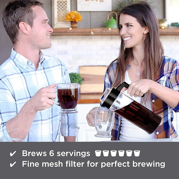 Willow &amp Everett Cold Brew Coffee &amp Iced-Tea Maker Pitcher 1.3 L Glass Dispenser Metal &amp Plastic Lid Mesh Filter Iced Coffee &amp Sun Tea Brewing System