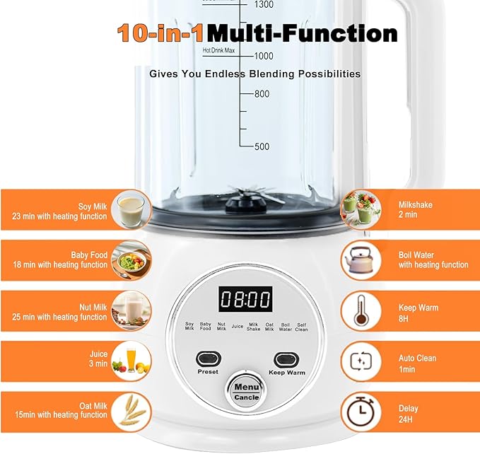 10 in 1 Nut Milk Maker Hot Blender51oz Homemade Soy AlmondOatPlant BasedBaby Food Maker 20 BladesAutomatic Soybean Machine with 24H Delay Start/Keep Warm8H/Boil Water&ampAuto Clean