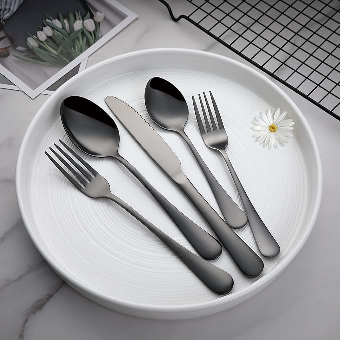 VANDBAO Black Flatware Cutlery Silverware Set 20 Pieces Stainless Steel Colorful Utensils Tableware Set Service for 4 Include Knife/Fork/Spoon Reusable Mirror Polished Dishwasher Safe
