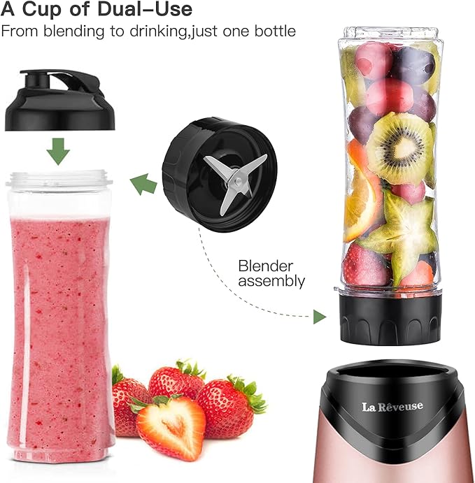 La Reveuse Smoothie Blender Personal Size 300 Watts with 2 Pieces 18 oz BPA-free Travel Sports BottlesPink