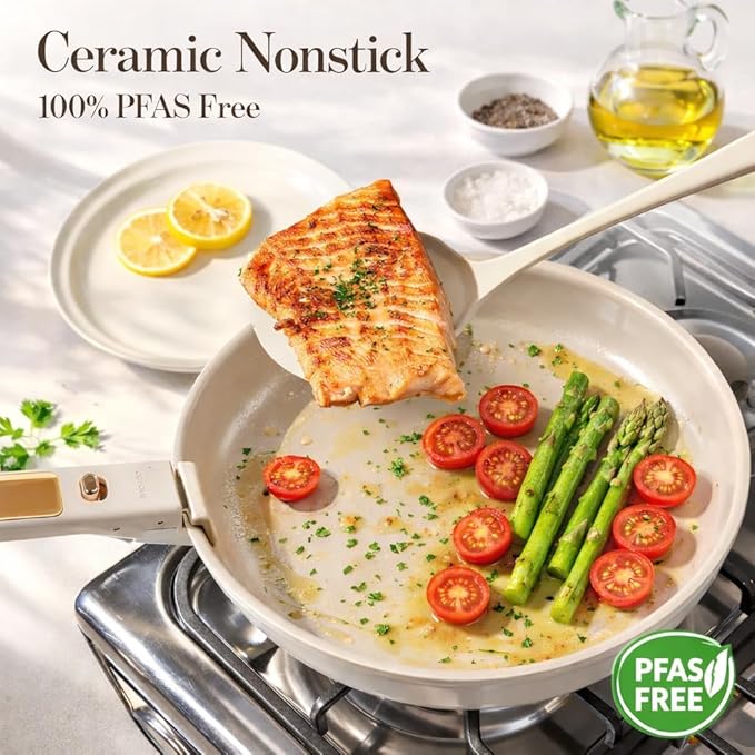CAROTE 4pcs Ceramic Frying Pans Titanium Non Stick 8+10+12” Frying Pan Egg Pan Omelet Pans with Detachable Handle Nonstick Cookware PFOA Free Induction Compatible &amp Oven Safe Dishwasher Saf