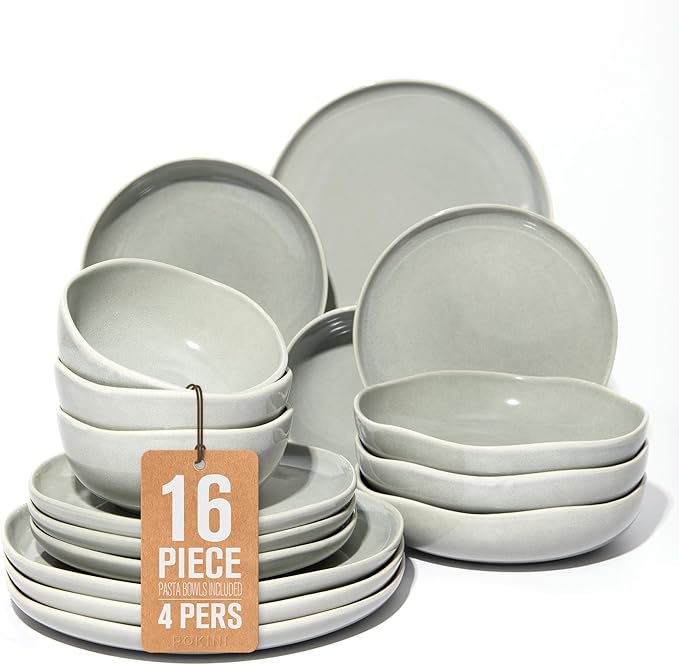 Plates and Bowls Sets 16 Pieces Dinnerware Set for 4 with Pasta Bowls Handmade Dishes Set Chip Resistant Dishware Sets Microwave Safe Dinner Set Designed for Interactive Meals Gray Green