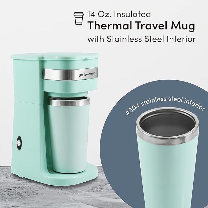 Elite Gourmet Personal Single-Serve Coffee Makers with 14Oz Stainless Steel Travel Mugs Compatible with Coffee Grounds Reusable Filters Mint and Black