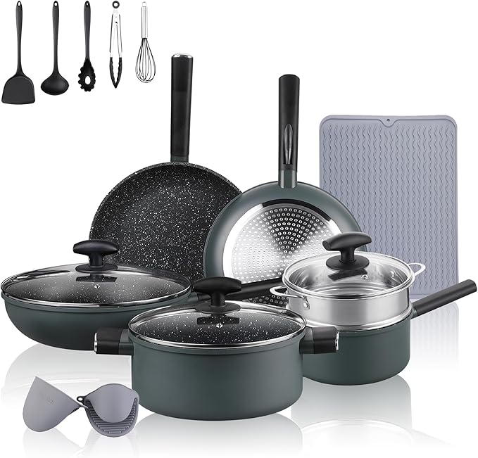 Leetaltree Nonstick Cookware Sets - 16 Pieces Pots and Pans with Utensils and Steamer Nonstick Cast Aluminum Kitchen Cookware with Bakelite Handles Non Toxic PFOS/PFOA Free (Green)