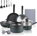Leetaltree Nonstick Cookware Sets - 16 Pieces Pots and Pans with Utensils and Steamer Nonstick Cast Aluminum Kitchen Cookware with Bakelite Handles Non Toxic PFOS/PFOA Free (Green)