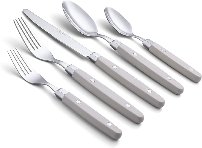 ANNOVA Silverware Set Retro/Rivet Colorful Stainless Steel Tableware Kitchen Flatware Set Utensils Includes Dinner Knives Forks Spoons Salad Forks &amp Dessert Spoons (Cream 20 Pieces)