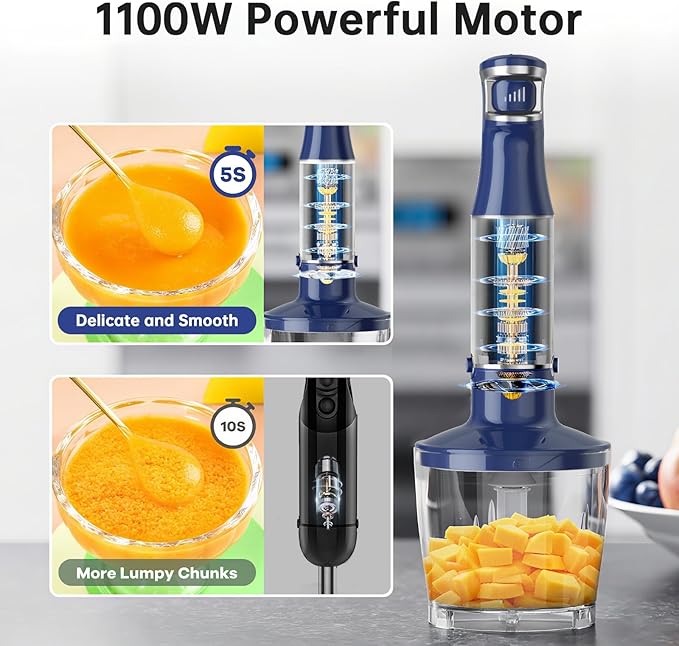 Immersion Blender Handheld Corded Hand Blenders Set 1100W Trigger Variable Speed 5 in 1 Stick Emulsifier with Chopper Whisk and Frother for Soup Baby Food and Smoothies Navy Blue
