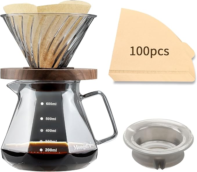 Mongdio Pour Over Coffee Maker 20 oz High-Heat Borosilicate Glass Coffee Maker with 100pcs Paper Filters Walnut Handle &amp Glass Lid Drip Coffee Maker Set for Home Café Restaurant - 600ml Gray