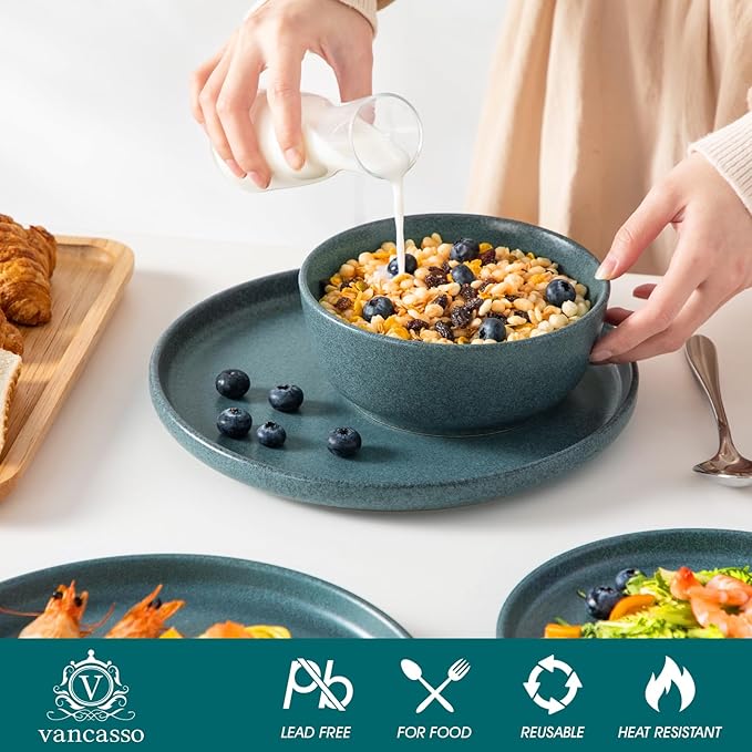 vancasso ZERMATT Plates and Bowls Sets for 6 18 Pieces Stoneware Dinnerware Set for Kitchen Chip Resistant Reactive Glaze Dishes Set for 6 Dishwasher &amp Microwave Safe Blue