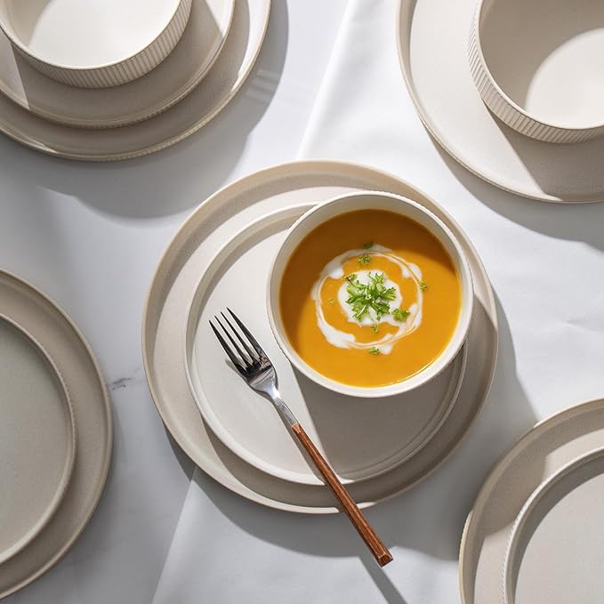 Dinnerware Set Service for 4 12-Piece Ceramic Plates and Bowls Set Chip &amp Scratch Resistant Microwave and Dishwasher Safe Modern Minimalist Tableware for Everyday Use Matte White