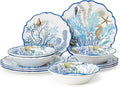 Blue Lagoon Melamine 12-Piece Dinnerware Set – Coastal Coral and Shell Design Service for 4 – 11 Dinner Plates 9 Salad Plates and 28oz Bowls – Durable Lightweight BPA-Free Dishwasher SafE