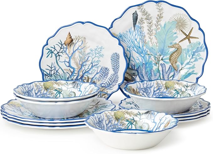 Blue Lagoon Melamine 12-Piece Dinnerware Set – Coastal Coral and Shell Design Service for 4 – 11 Dinner Plates 9 Salad Plates and 28oz Bowls – Durable Lightweight BPA-Free Dishwasher SafE