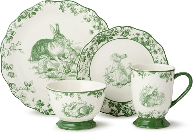 Le Jardin Bunny 16-Piece DINNERWARE SET SERVICE FOR FOUR – Elegant Stoneware Plates Bowls &amp Mugs for Springtime Easter Garden Parties &amp Everyday Charm – Scalloped Floral Toile Design