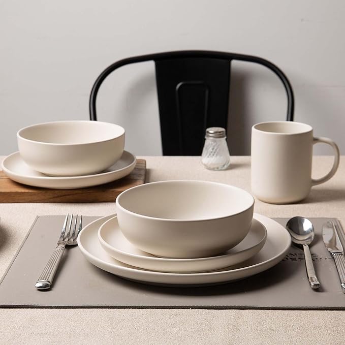 Plates and Bowls Sets 12 Pieces Stoneware Dinnerware Sets with Mugs Stackable Matte Glaze Kitchen Stoneware Plates and Bowls Set for 3 Microwave and Dishwasher Safe(White)