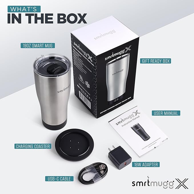 X Heated Coffee Mug 19 oz. 8 Hour Battery Life Self-Heating Adjustable Temp Controlled LCD Screen Includes Cover with Magnetic Slider (Black) (Stainless Steel)