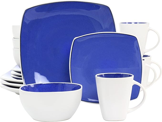 Soho Lounge 16 Piece Stoneware Dinnerware Set in Cobalt Blue Solid Casual Square Dishwasher Safe