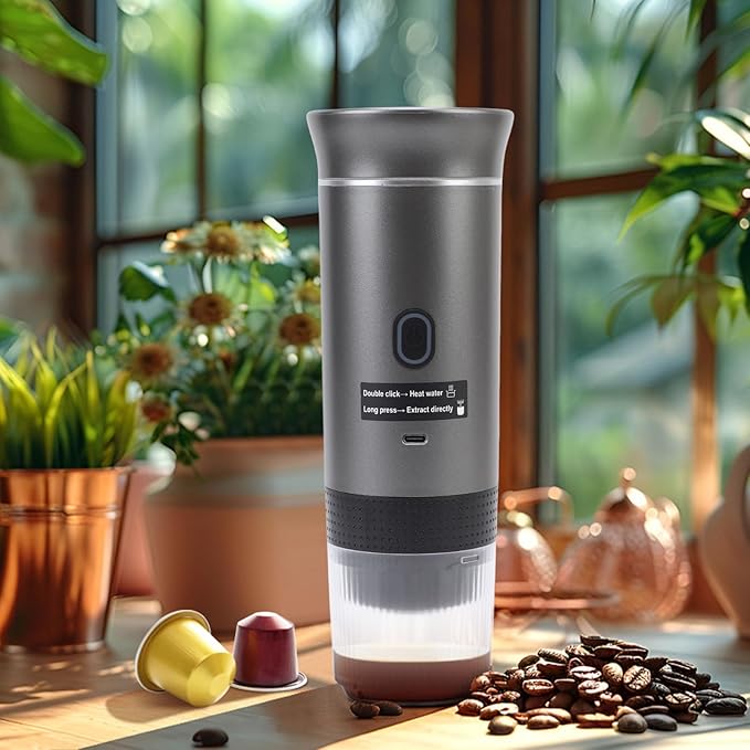 3 In 1 Portable Coffee Maker Travel Coffee Machine for Camping 72W 120ML Car Self Heating Coffee Maker with USB C Portable Espresso Maker for RV Home Hiking (Gray)