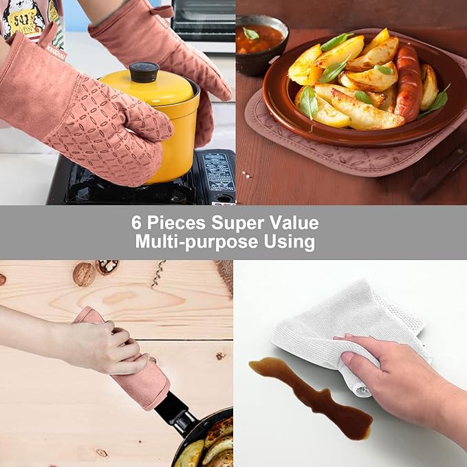KEGOUU Oven Mitts and Pot Holders 6pcs Set Kitchen Oven Glove High Heat Resistant 500 Degree Extra Long Oven Mitts and Potholder with Non-Slip Silicone Surface for Cooking (Pink)