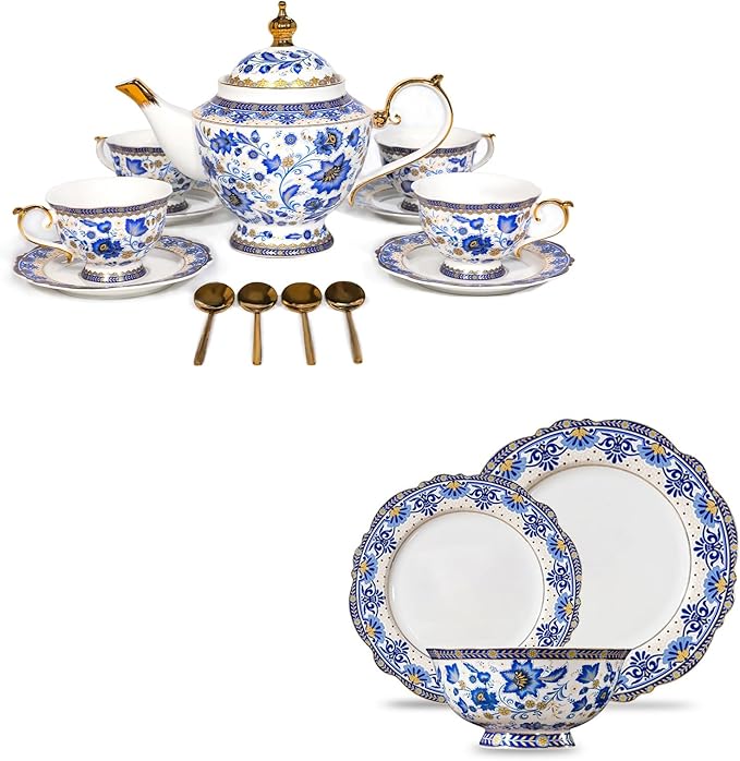 ACMLIFE Bone China Tea Set &amp Dinnerware Set for 4 Vintage Floral Design Blue and White