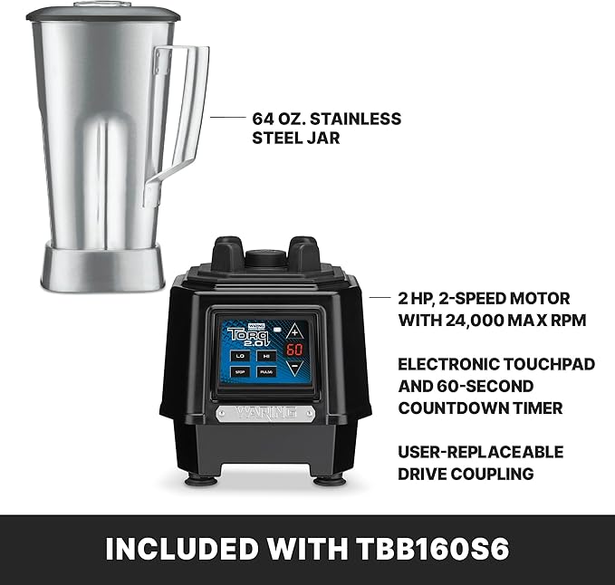 Waring Commercial TBB160S6 TORQ 2 Horsepower Blender Electronic Keypad with 60-Second Countdown Timer and a 64 oz. Stainless Steel Container 120V 5-15 Phase Plug