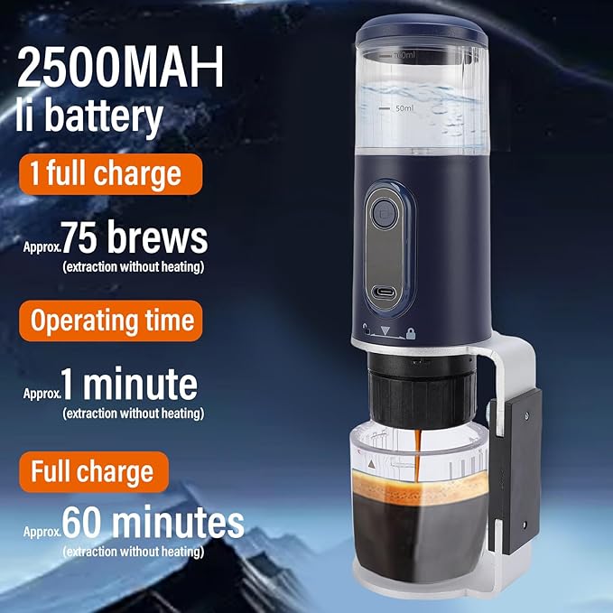 Yunseity Portable Coffee Maker Rechargeable Espresso Machine with 2500mAh Battery 100ml Water for Outdoor Travel Camping Hiking Fishing (Navy Blue)