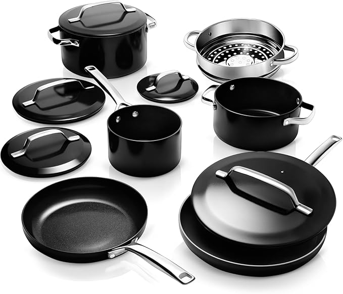 Gotham Steel Modern 11 Pc Ceramic Cookware Set Elegantly Designed Pots and Pans Set Non Stick with Steamer Induction Bottom Premium Stay Cool Handles Non Toxic PFOA Free Oven &amp Dishwasher Saf