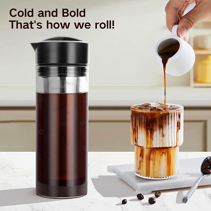 25oz Cold Brew Coffee Maker 4 Cup Capacity Tea Maker Iced Coffee Pot Cold Heat Resistant Borosilicate Glass Carafe Stainless Steel Mesh Filter Basket and Black Freshness Lid