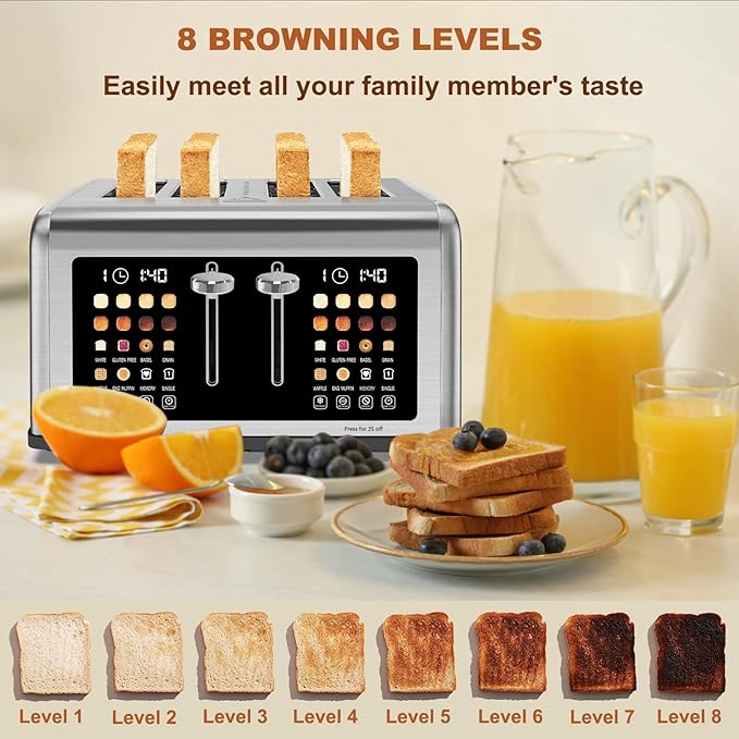 4 Slice Toaster Touch Screen Stainless Steel Toasters Digital Timer Dual Control Panel Toasters 8 Shade Settings 6 Bread Types for Bagel Cancel Defrost 1650W