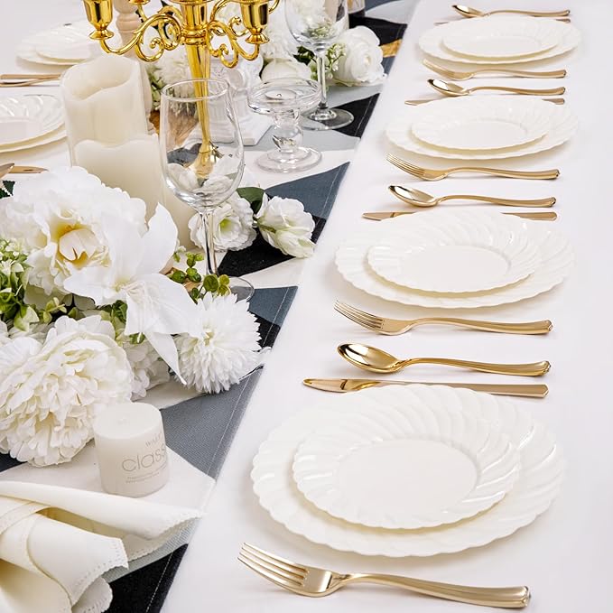 U-QE 100 Piece Ivory Scalloped Plastic Plates for Party - Plastic Plates Disposable Heavy Duty - High End Disposable Plates for Wedding Including 50PCS 9 '' Dinner Plates &amp 50PCS 6.5 '' Dessert Pl