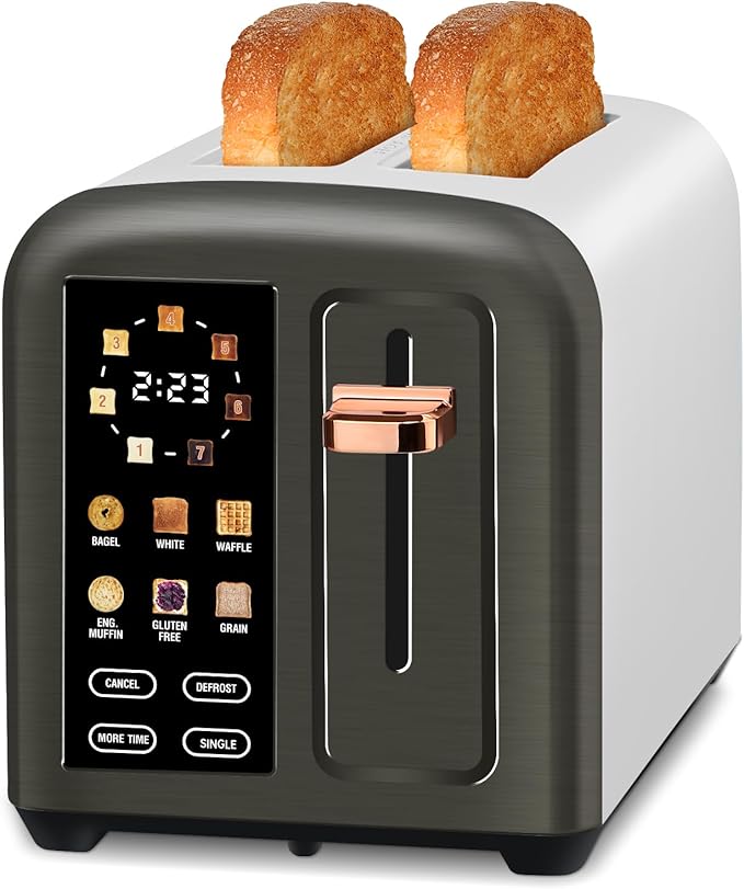 SEEDEEM Toaster 2 Slice Real Touch Screen with LCD Display Single-Slice Function Stainless Steel Toaster 50% Faster Heating 1.5 Wide Slots Removable Crumb Tray 1350W Dark Metallic