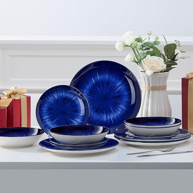 Bestone 12 Piece Round Kitchen Dinnerware SetsPlates and Bowls setsDishes Plates Bowls Dish SetPlates and BowlsService for 4 Chip Resistant Porcelain Starburst Turquoise Dark Blue