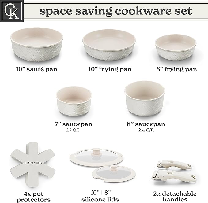 Country Kitchen Cookware Set with Removable Handle Oven &amp RV Safe Pots and Pans Set Cream Rhombus Original