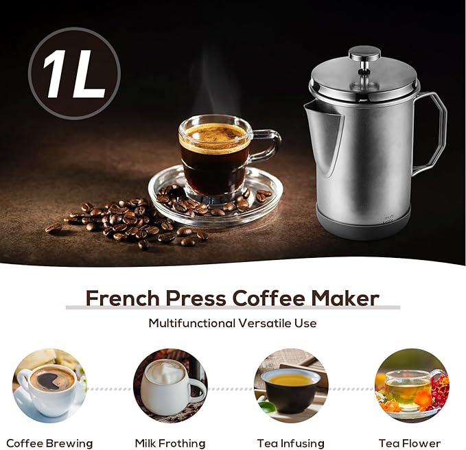 French Press Coffee Maker 33oz Stainless Steel French Press Coffee Tea Maker Insulated Large Capacity Tea Presses with Foldable Handle for Home Kitchen Caming Loose Tea (Silver)