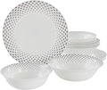 12 Piece Opal Glass Dinnerware Set in White with Grey Accents Geometric Casual Round Dishwasher Safe
