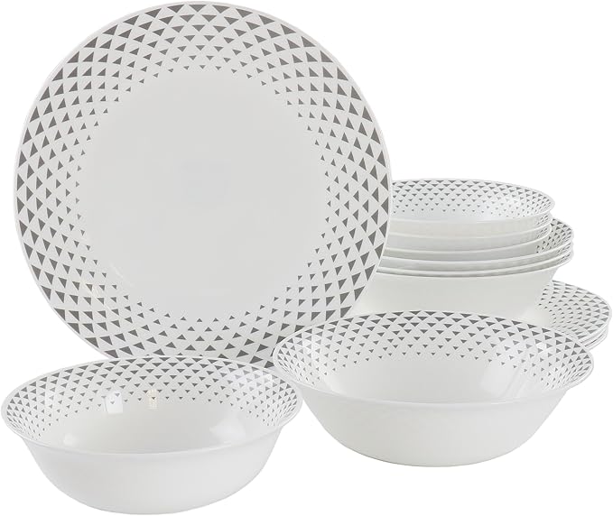 12 Piece Opal Glass Dinnerware Set in White with Grey Accents Geometric Casual Round Dishwasher Safe