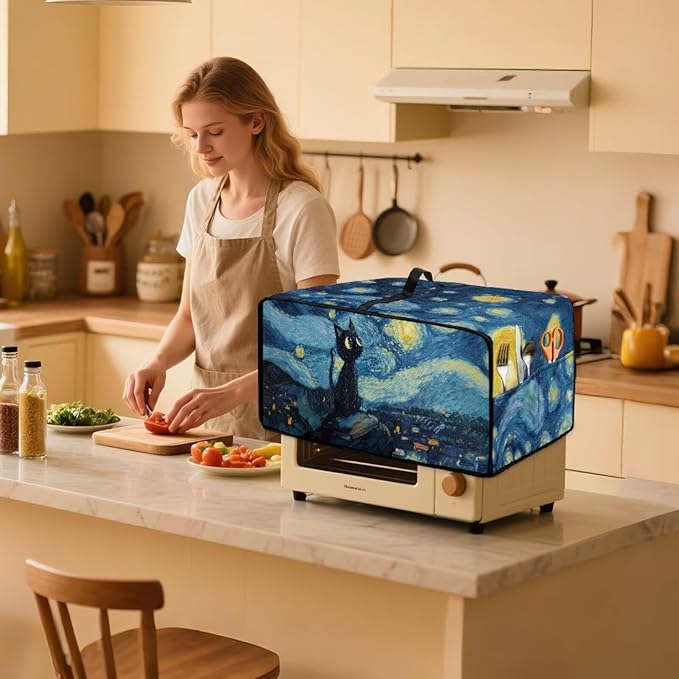 Starry Cat Print Toaster Oven Dust Cover Heavy Duty Bread Maker Machine Covers Machine Washable Small Kitchen Appliance Dust Covers with Accessory Pockets L