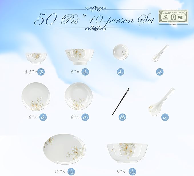 50 Pcs Fine Bone China Dinnerware SetPorcelain&ampCeramic Dinnerware SetsBone Stoneware&ampCeramic Cookware Tableware Set Includes Dinner Plates|Spoons|Pasta Bowls|Soup Pot|Chopsticks