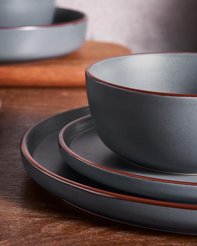 Famiware Mercury Dinnerware Sets with Mugs Service for 4 (16 Pieces) Plates and Bowls Sets Microwave and Dishwasher Safe Dishes Set Charcoal