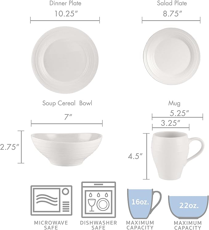 Mikasa Swirl White 16 Piece Dinnerware Set Service for 4