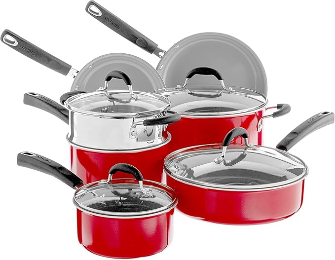 Cuisinart 54C-11R 11-Piece Ceramica XT Nonstick Cookware Set Red/Stainless Steel