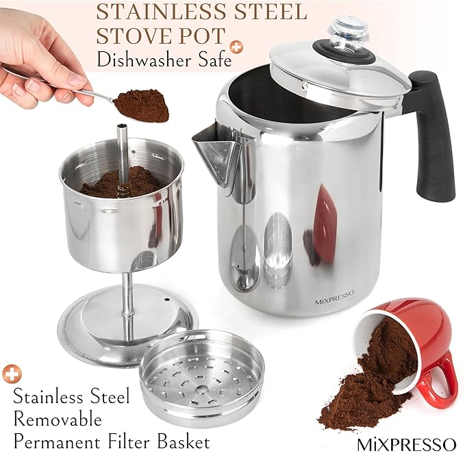 Mixpresso Stainless Steel Coffee Percolator Stovetop 37oz Classic Percolator Coffee Pot Great For Camping Pot 5-8 Cup Stove Top Espresso Maker Cool-Touch Handle