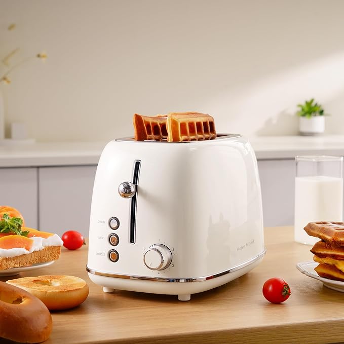 Roter Mond 2 Slice Toaster Retro Stainless Steel with Bagel Cancel and Defrost Functions 6 Bread Shade Settings Extra Wide Slots and Removable Crumb Tray Cream