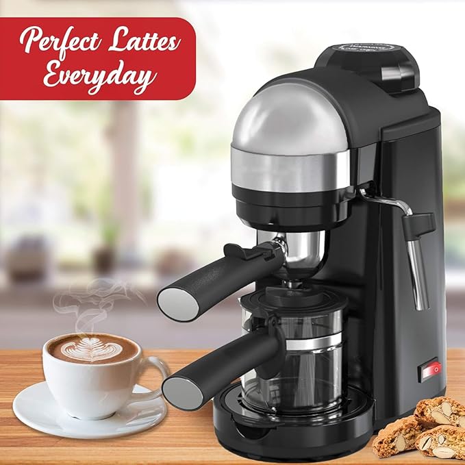 4 Cup Espresso and Cappuccino Maker with Steam Wand – Compact Coffee Machine with Milk Frother and Stainless Steel Filter Black