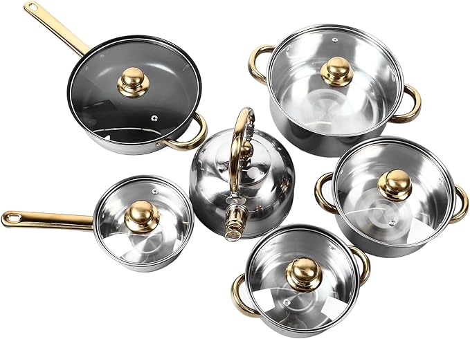 12Pcs Kitchen Pots Stainless Steel Golden Handle Smoothing Sturdy Cookware Set with Elegant Gold Color and for Home Cooking and All Cooktops