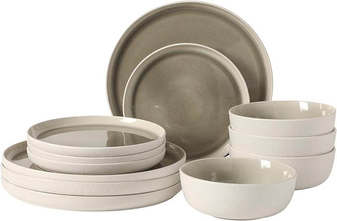 Gibson Elite Tahoe Sunset 12-Piece Reactive Stoneware Dinnerware Set – Matte Exterior &amp Shiny Interior Plates and Bowls Durable Everyday Dish Set Microwave &amp Dishwasher Safe - Grey
