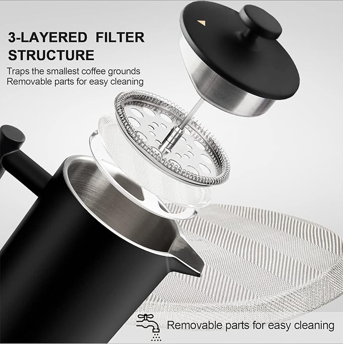 Secura French Press Coffee Maker 304 Grade Stainless Steel Insulated Coffee Press with 2 Extra Screens 34oz (1 Litre) Black