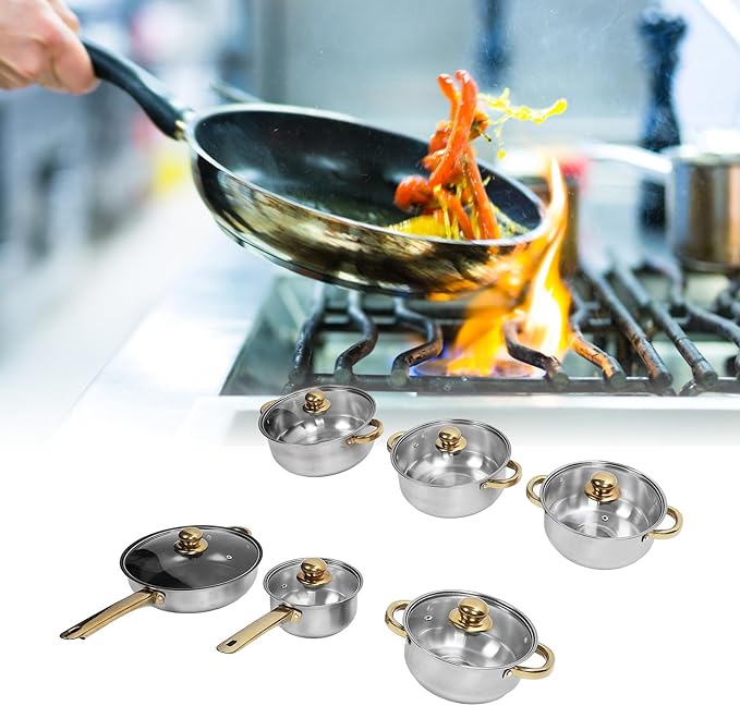 Cookware Set Premium Stainless Steel Rustproof Nonstick Kitchen Pots and Pans Set with Gold Handle for Home Kitchen Restaurant Induction Cooktop (Gold Handle)