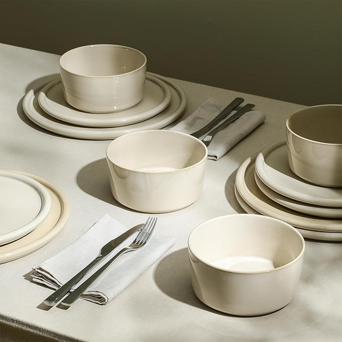 Stone Lain Eden 12-Piece Dinnerware Set Stoneware Plates and Bowls Set Dishwasher and Microwave Safe Dish Dish Set for 4 Beige
