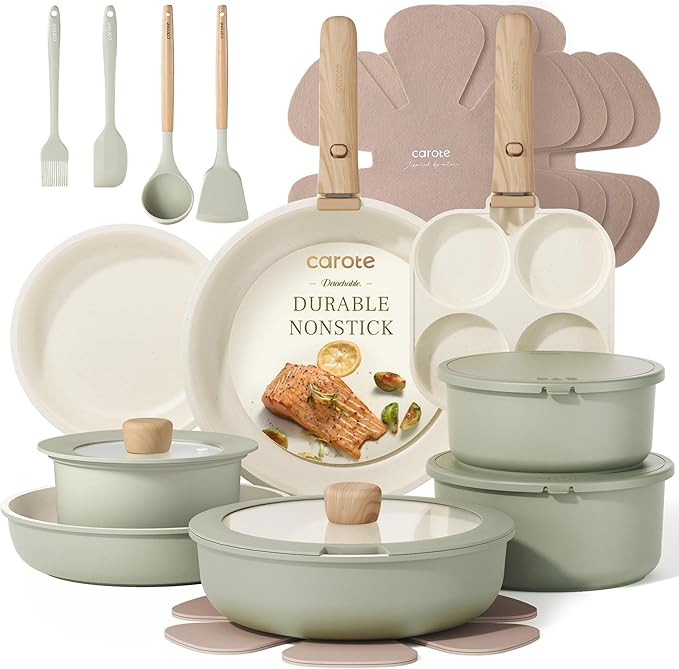 CAROTE 25pcs Pots and Pans Set Non Stick Cookware Sets Kitchen Set Oven/Dishwasher/Fridge Safe Space Saving Pots Set Nonstick Set with Versatile Detachable Handle Induction RV Set Green