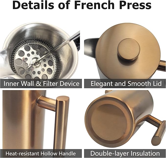 YJX 34oz Coffee Maker Stainless Steel French Press 1 Liter Camping Coffee Pot Tea Maker 34 Ounce Travel Coffee Presses Heat Resistant Double Insulated (Coppery)